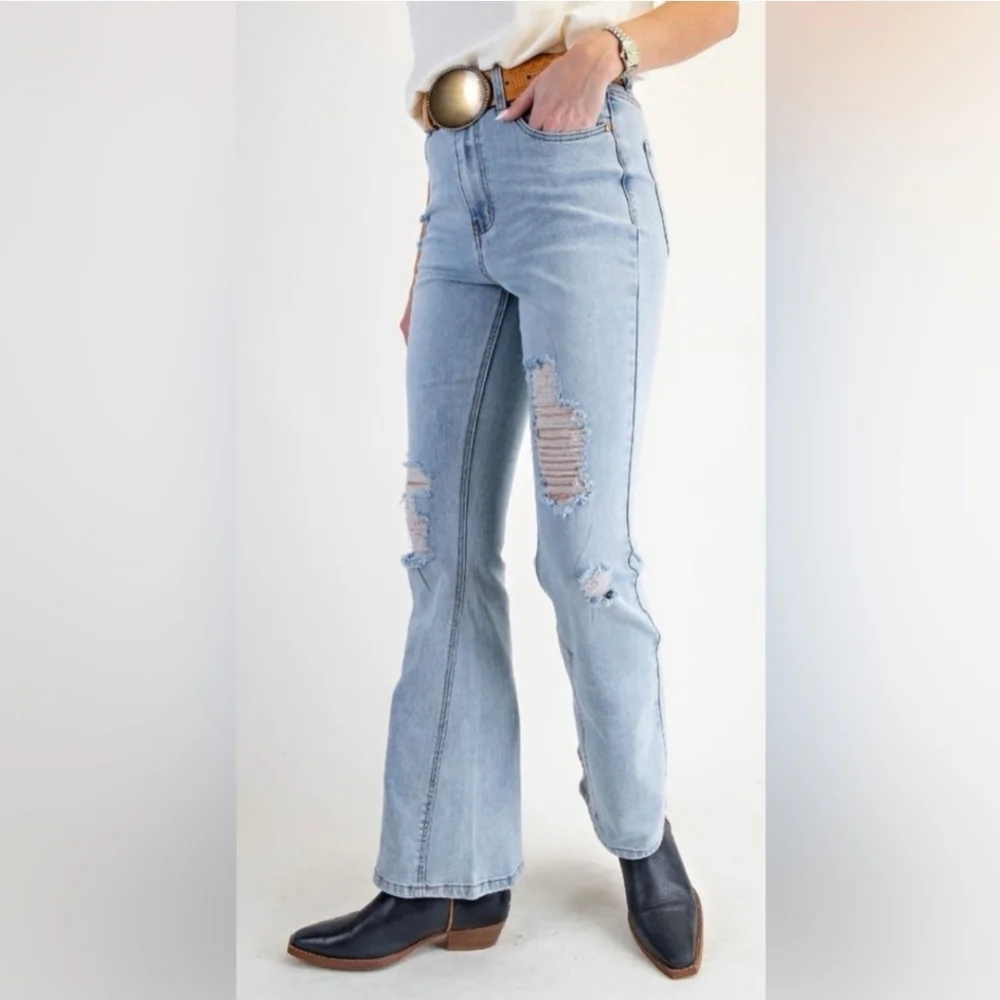 Easel Jeans Denim Classic Blue Distressed Stretch